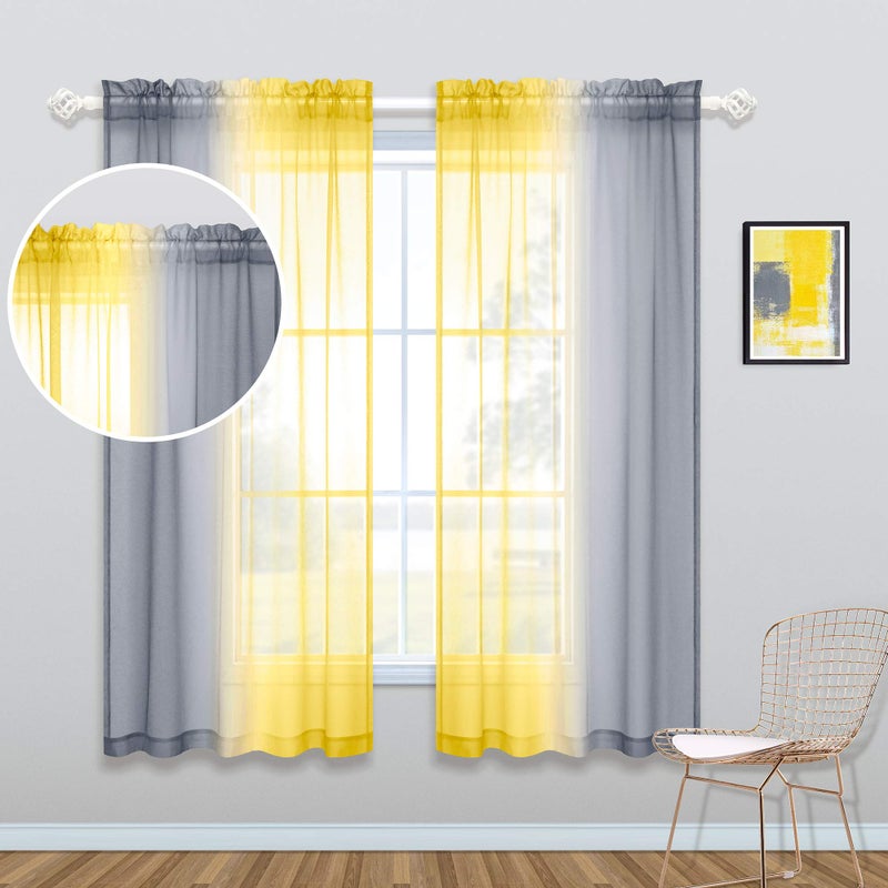 KOUFALL Yellow Sheer Curtains 63 Inch Length for Bedroom 2 Panel Sets Rod Pocket Ombre Sunflower Themed Yellow and Gray Curtains for Girls Room Dining Area 50x63 Inches Long Bright Yellow and Grey