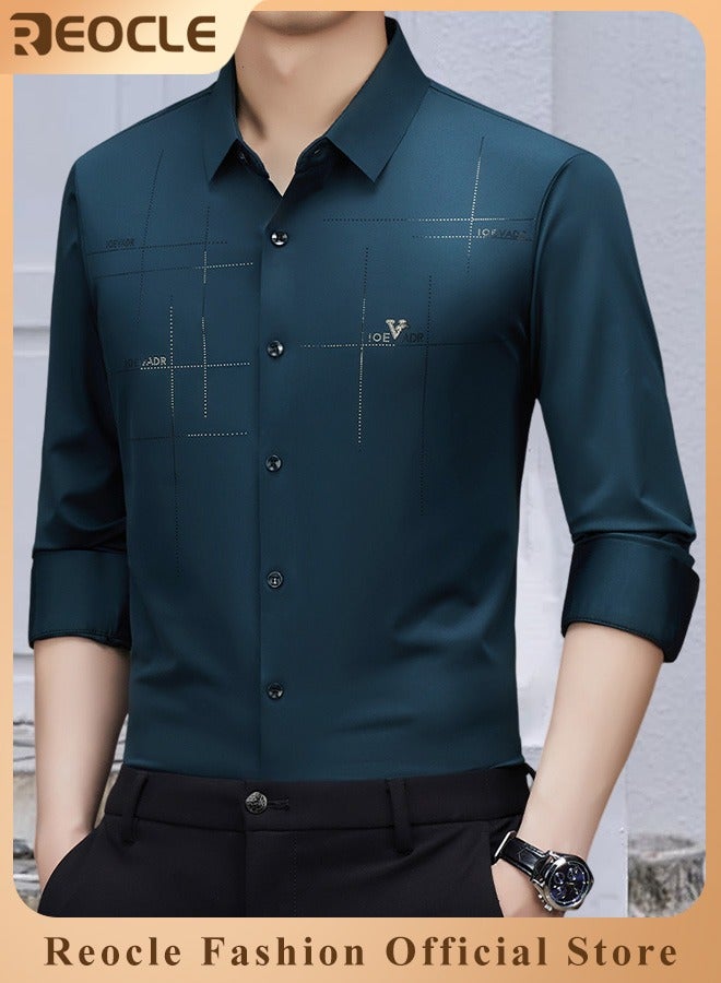 ريوكل قميص رجالي كاجوال بأكمام طويلة وقميص رسمي مطاطي خالٍ من التجاعيد وقميص بأزرار بقصّة عادية وقميص ملائم لرجال الأعمال - Image 1