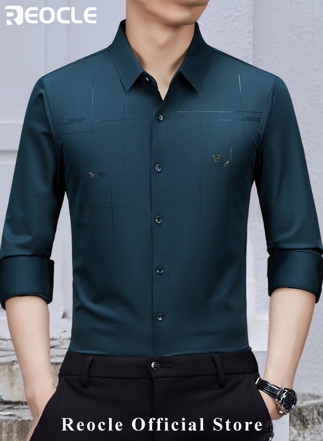 ريوكل قميص رجالي كاجوال بأكمام طويلة وقميص رسمي مطاطي خالٍ من التجاعيد وقميص بأزرار بقصّة عادية وقميص ملائم لرجال الأعمال - Image 2