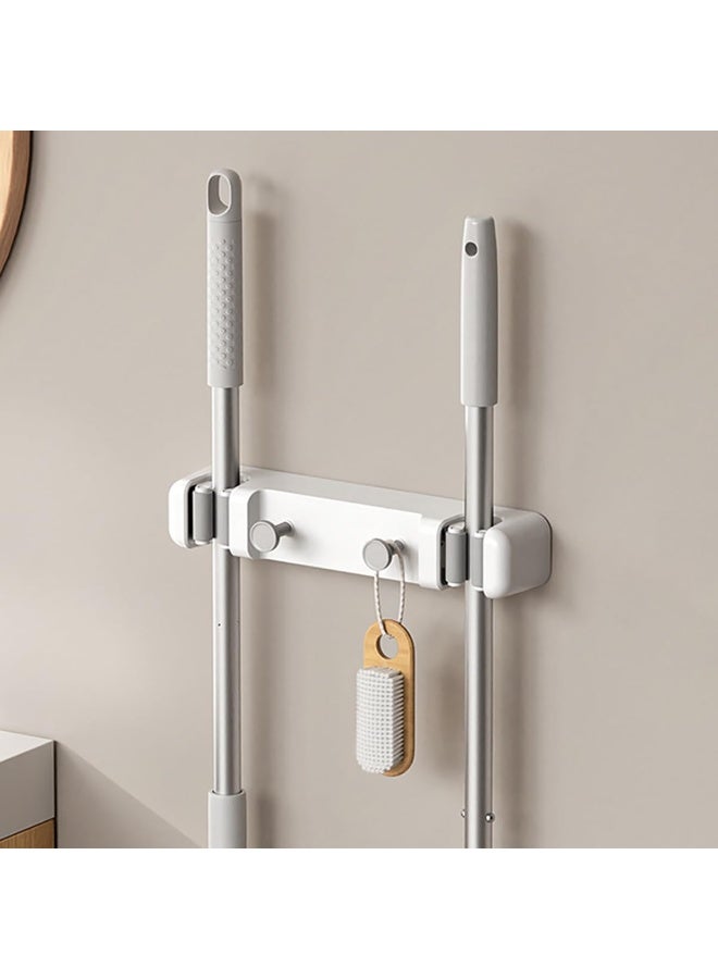 HOMESTAR Broom Holder, Mop Rack for Brush Mop and Broom Tool Storage, Wall Mount with Utility Hooks for Bathroom, Kitchen, Garden, Garage White 2 Racks 2 Hooks - Image 1