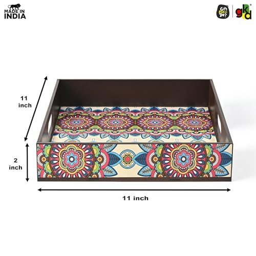 Gift Kya De GKD Classic Floral Wooden Serving Tray – 11x11 Inch Square Tea, Coffee Tray, Table Organizer – Ethnic Floral MDF Tray for Dining, Kitchen, Home & Gift Use - Image 4