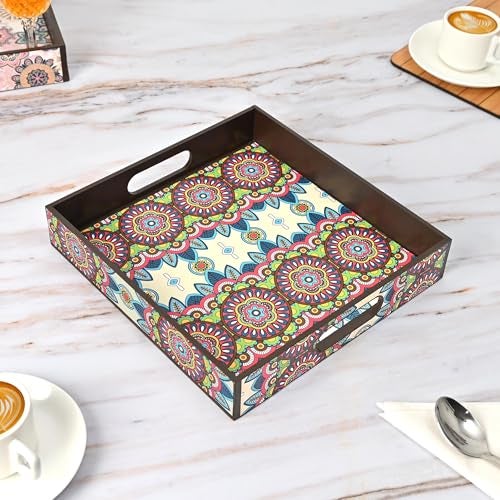 Gift Kya De GKD Classic Floral Wooden Serving Tray – 11x11 Inch Square Tea, Coffee Tray, Table Organizer – Ethnic Floral MDF Tray for Dining, Kitchen, Home & Gift Use - Image 1