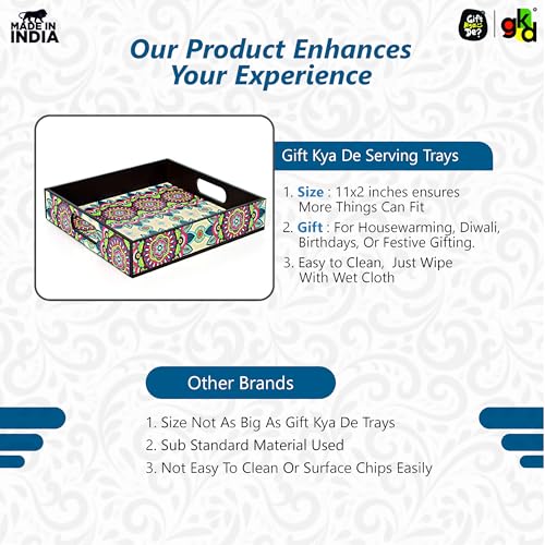 Gift Kya De GKD Classic Floral Wooden Serving Tray – 11x11 Inch Square Tea, Coffee Tray, Table Organizer – Ethnic Floral MDF Tray for Dining, Kitchen, Home & Gift Use - Image 5