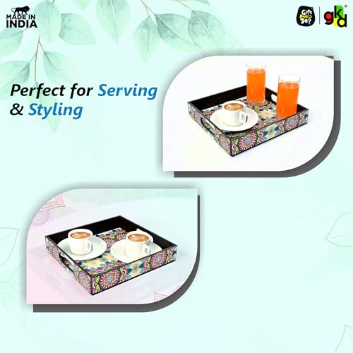 Gift Kya De GKD Classic Floral Wooden Serving Tray – 11x11 Inch Square Tea, Coffee Tray, Table Organizer – Ethnic Floral MDF Tray for Dining, Kitchen, Home & Gift Use - Image 2