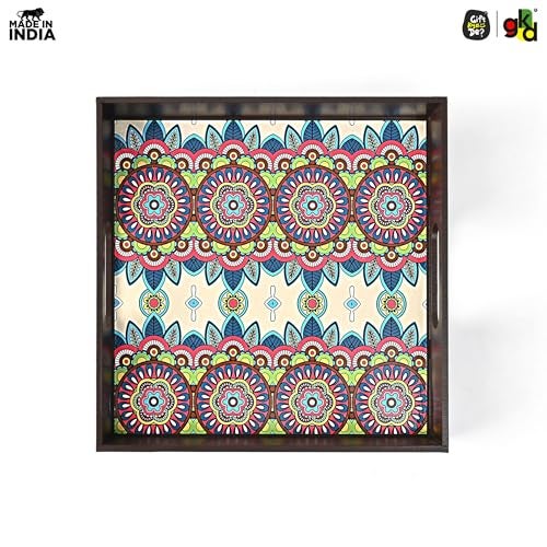 Gift Kya De GKD Classic Floral Wooden Serving Tray – 11x11 Inch Square Tea, Coffee Tray, Table Organizer – Ethnic Floral MDF Tray for Dining, Kitchen, Home & Gift Use - Image 3