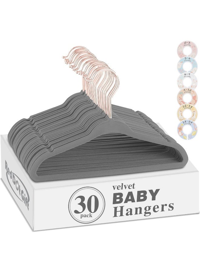 Red Dot Gift Red Dot Gift 30-Pack Baby Velvet Hangers 11Inch - Nursery Clothes Hangers Non Slip Toddler Hangers, 360 Chrome Rose-Gold Hook with 6 Pieces Baby Clothing Dividers(Grey) - Image 1