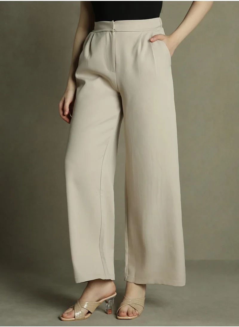 دينيس لينغو Women's Khaki 100% Polyester Solid Full Length Palazzo Relaxed Fit Trouser