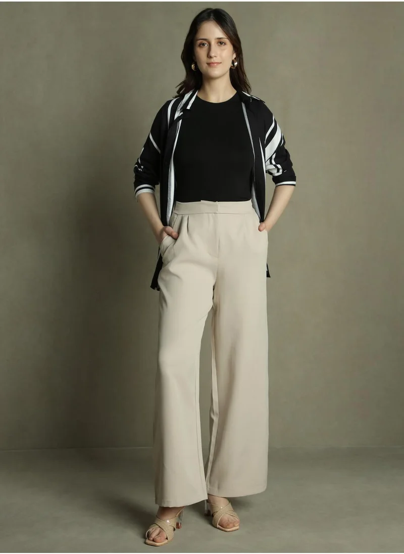 دينيس لينغو Women's Khaki 100% Polyester Solid Full Length Palazzo Relaxed Fit Trouser
