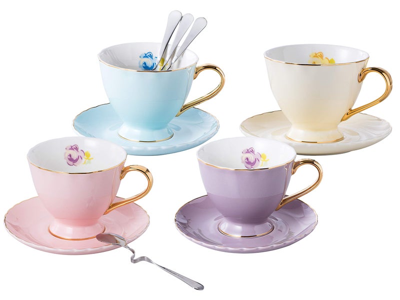 Jusalpha Service for 4 Fine China Multicolor Coffee CupTeacup Set with Stainless Spoons 7 OZ Cups Saucer 7 OZ Regular size