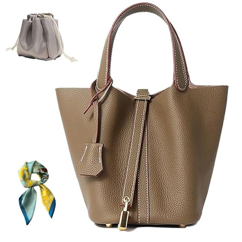 Pmuul Genuine Cow Hide Leather Bucket Bag for Women with Functional Lock, Classic Designer Inspired Top-Handle Handbag, Small Hand-Carry Tote Purse (Khaki) - Image 1
