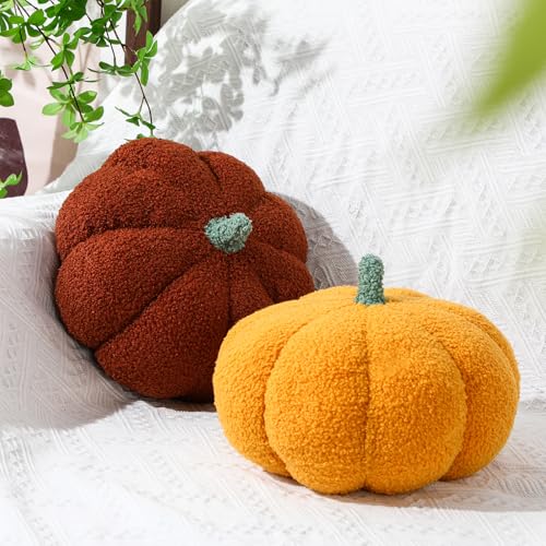 Kajaia 2 Pcs Simulated Pumpkin Plush Pillow 11 x 95 Inch 3D Cushion Fall Decorations Stuffed Throw Pillows Toy for Fall Halloween Thanksgiving Bedroom Sofa Couch Supplies YellowBrown - Image 1