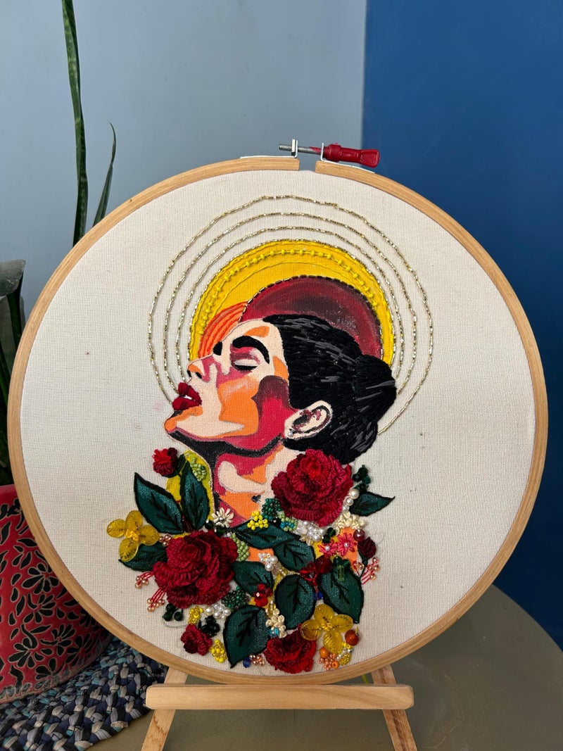 Hand Emboridery Hoop Art /Frame /Gift/ Woman FACE Portrait , (12 Inch) - Image 1