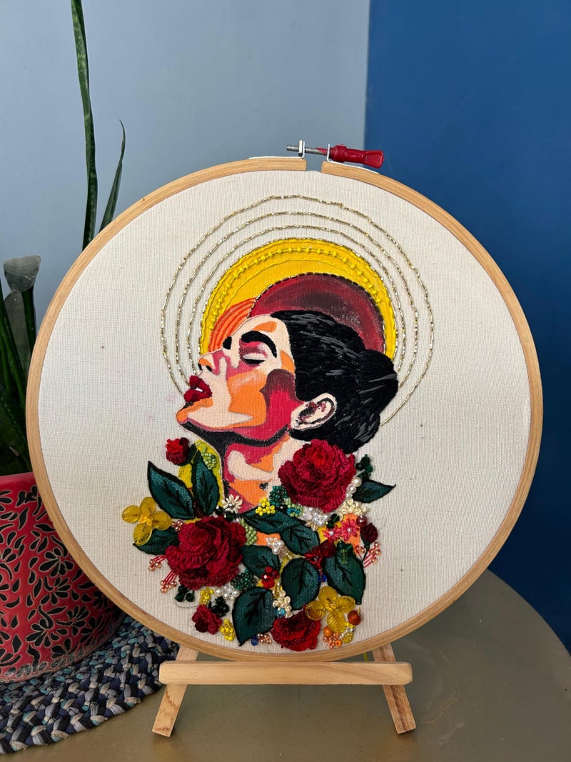 Hand Emboridery Hoop Art /Frame /Gift/ Woman FACE Portrait , (12 Inch) - Image 2