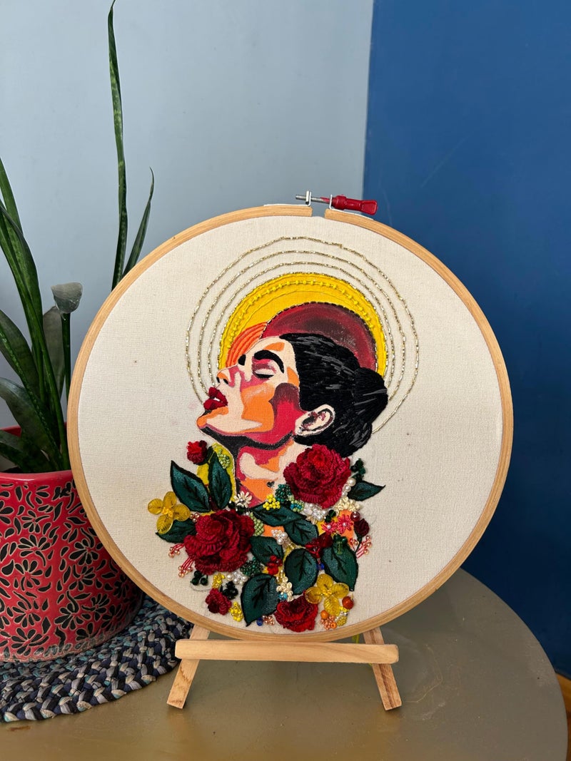 Hand Emboridery Hoop Art /Frame /Gift/ Woman FACE Portrait , (12 Inch) - Image 3