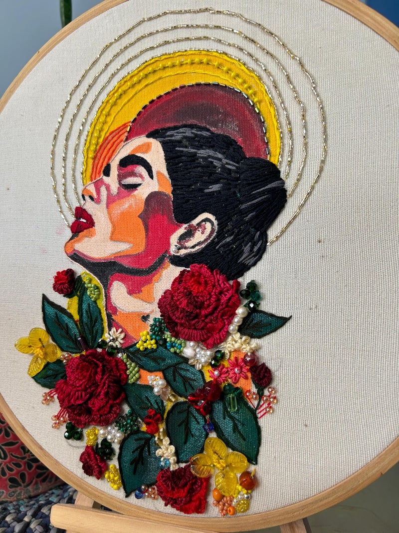 Hand Emboridery Hoop Art /Frame /Gift/ Woman FACE Portrait , (12 Inch) - Image 4