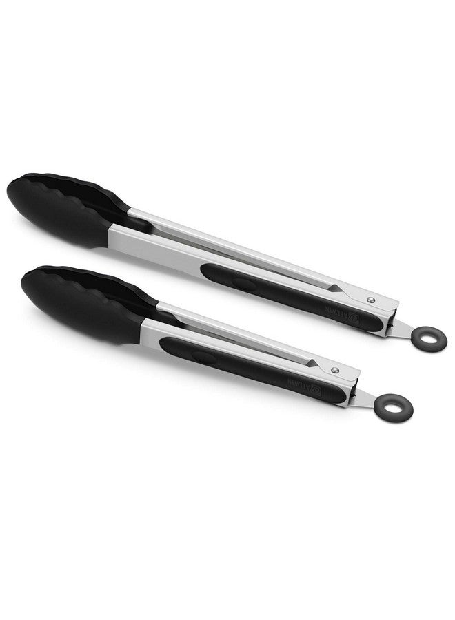 ALLWIN-HOUSEWARE W 2 Pack Black Kitchen Tongs, Premium Silicone BPA Free Non-Stick Stainless Steel BBQ Cooking Grilling Locking Food Tongs, 9-Inch & 12-Inch - Image 1