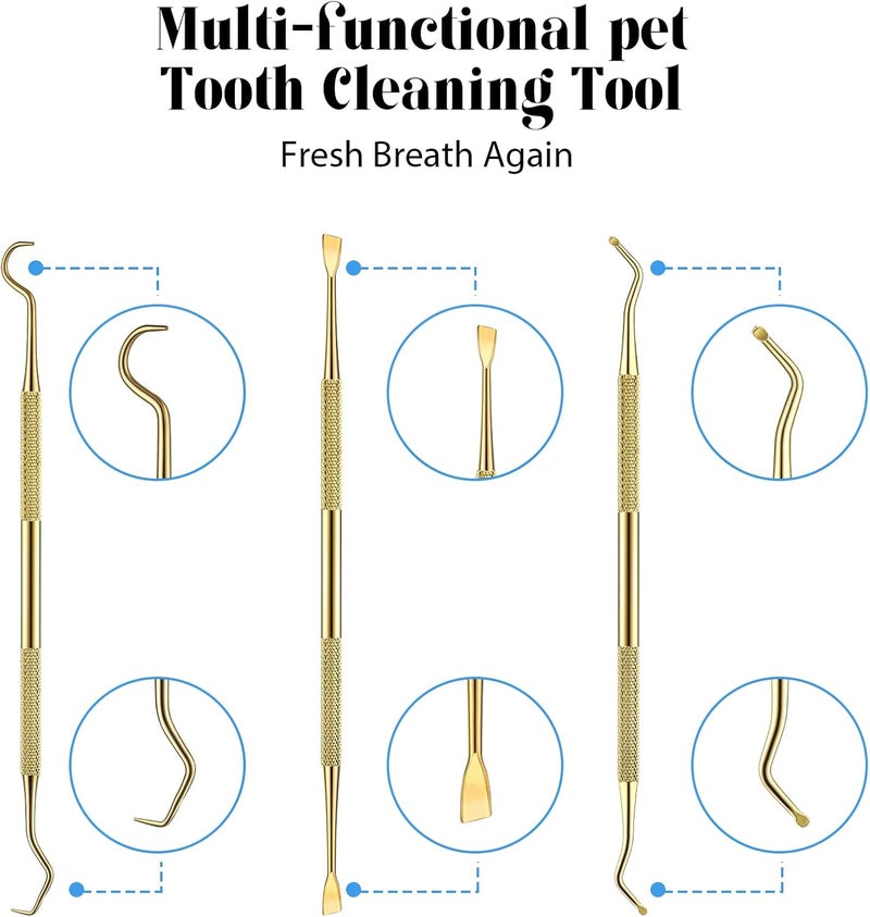 3 Pieces Dog Dental Tooth Scaler and Scraper Stainless Double Headed Tarter Remover Scraper Pet Teeth Cleaning Tools for Dog and Cat (Gold) - Image 4