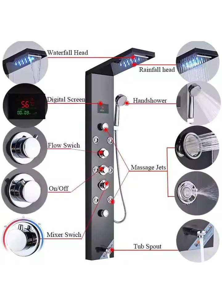 ZEECRY ZeeCry Thermostat Shower Panel Matte Black Edition 5in1 System with 8 Body Massage Spray Handheld Shower WallMounted Digital Display Temperature Shower Panel Stainless Steel 304 Luxury Black  - Image 2