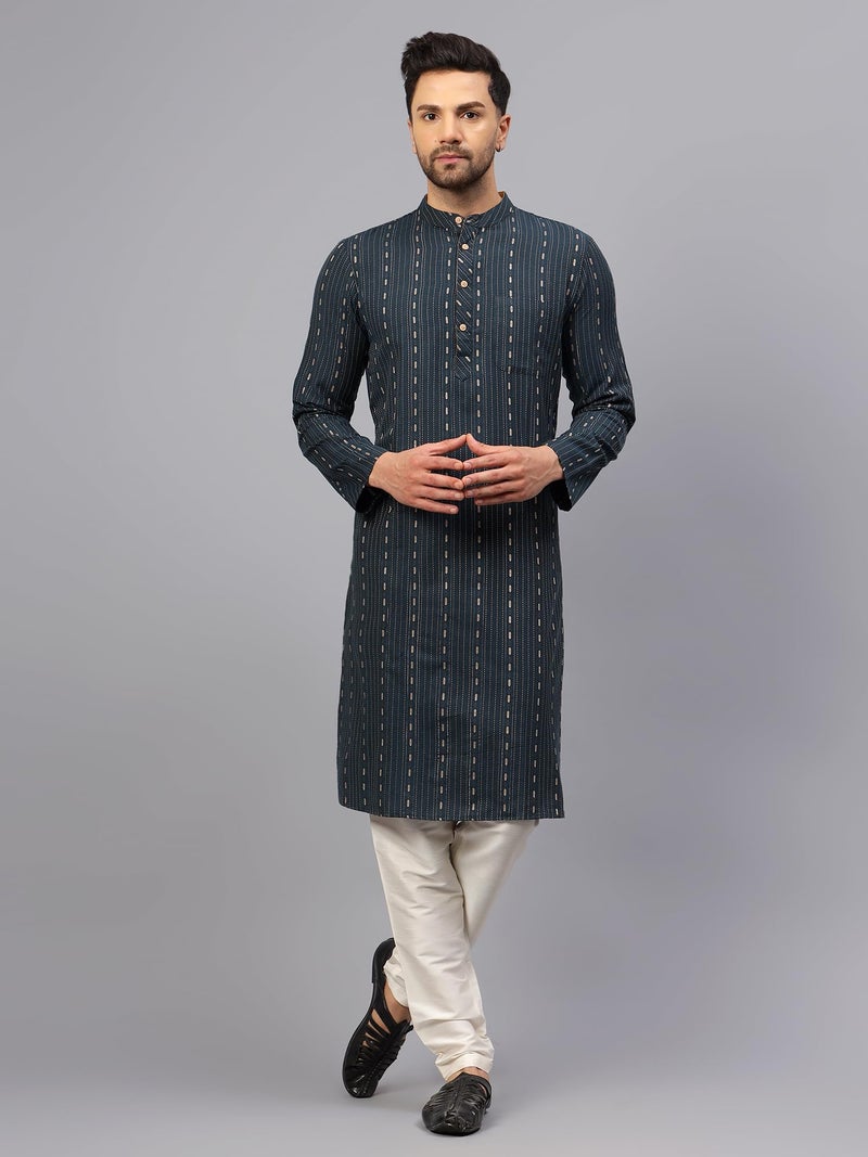 LATEST CHIKAN Men's Cotton Regular Striped Knee Lenght Kurta Full Sleeves (LK-DSD-BL-40) Blue - Image 3