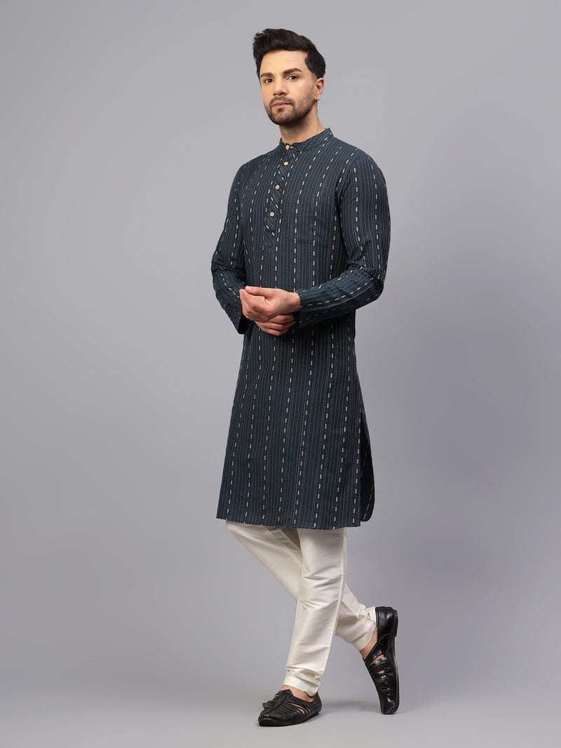 LATEST CHIKAN Men's Cotton Regular Striped Knee Lenght Kurta Full Sleeves (LK-DSD-BL-40) Blue - Image 5