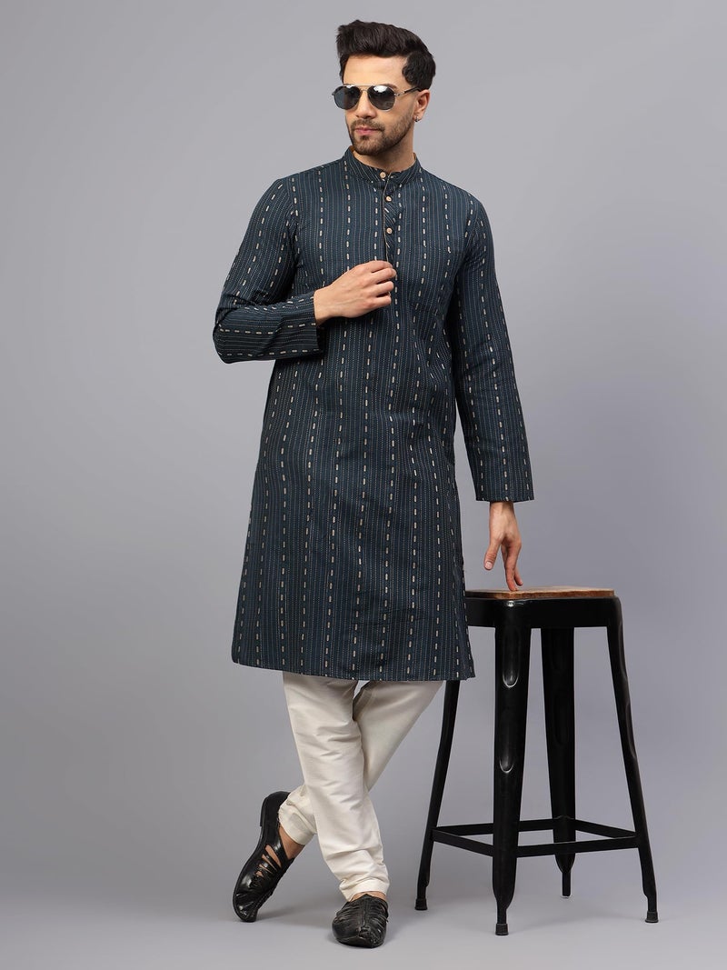 LATEST CHIKAN Men's Cotton Regular Striped Knee Lenght Kurta Full Sleeves (LK-DSD-BL-40) Blue - Image 2