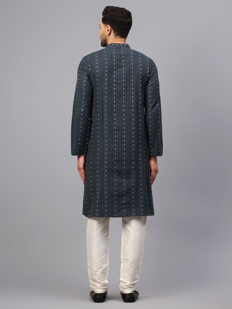 LATEST CHIKAN Men's Cotton Regular Striped Knee Lenght Kurta Full Sleeves (LK-DSD-BL-40) Blue - Image 4
