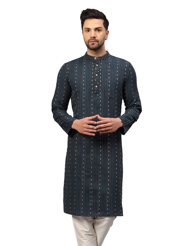 LATEST CHIKAN Men's Cotton Regular Striped Knee Lenght Kurta Full Sleeves (LK-DSD-BL-40) Blue - Image 1