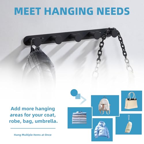 Angle Simple Towel Hook Rack Matte Black, SUS304 Stainless Steel Bathroom Hook Rail 5 Hooks, Utility Kitchen Towel Holder, Wall Mount - Image 5
