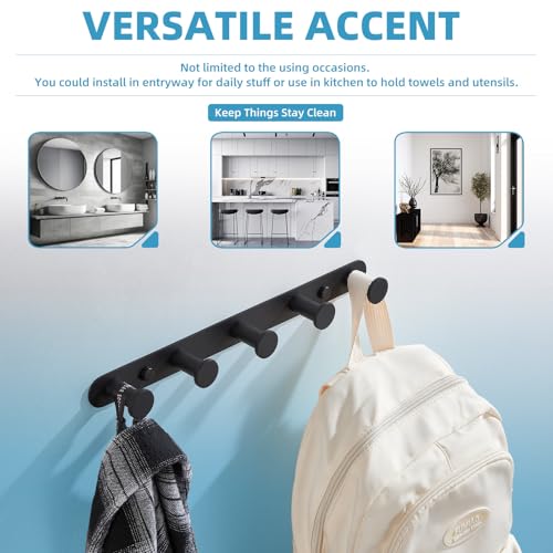 Angle Simple Towel Hook Rack Matte Black, SUS304 Stainless Steel Bathroom Hook Rail 5 Hooks, Utility Kitchen Towel Holder, Wall Mount - Image 3