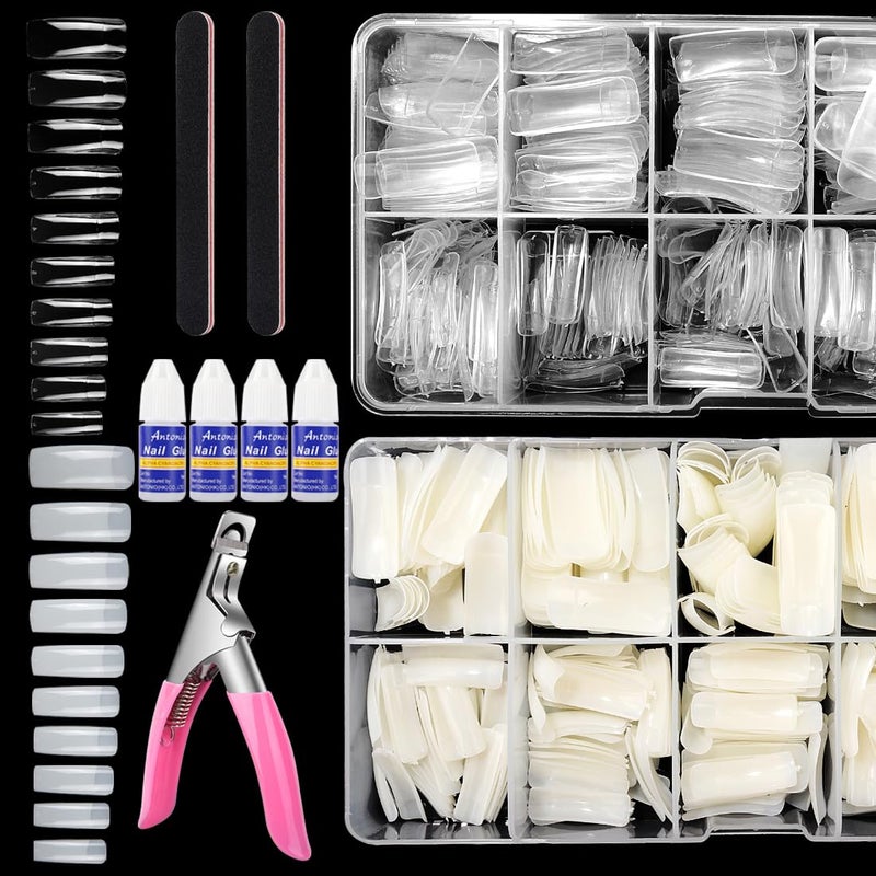 Yokilly 1000PCS Square Nail Tips and Glue Clear Natural False Acrylic Nail Tips Half Cover 10 Sizes French Artificial Nail Tips Manicure with Nail Clipper Nail Files and Glue for Dip Powder