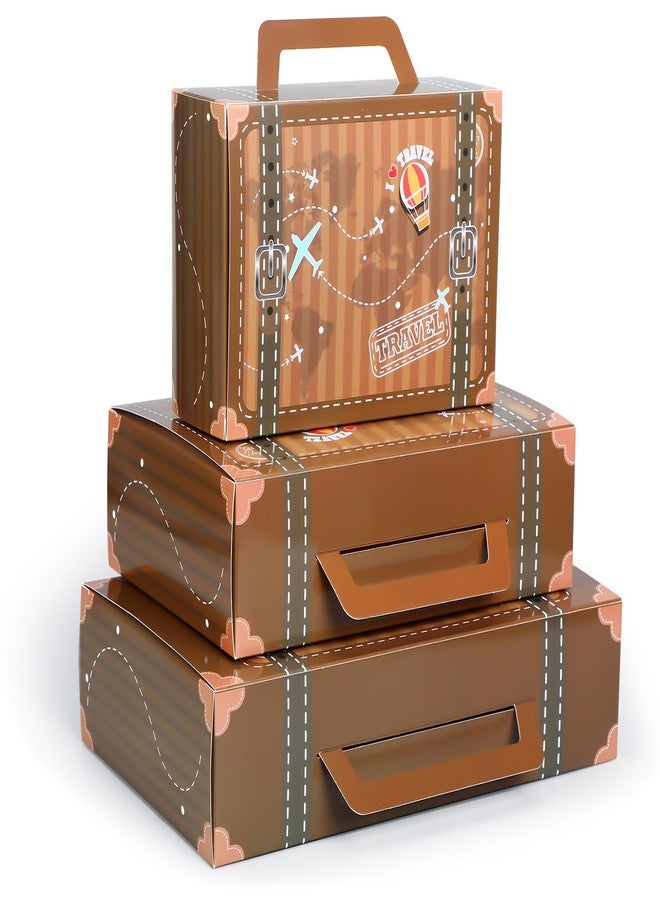 Weekgrat 6 Pcs Large Vintage Travel Suitcase Box Travel Party Decorations Paperboard Suitcases Gift Box Decorative Set of 3 Small Stackable Storage Chests Decor for Themed Party Favors(Journey,Brown) - Image 1