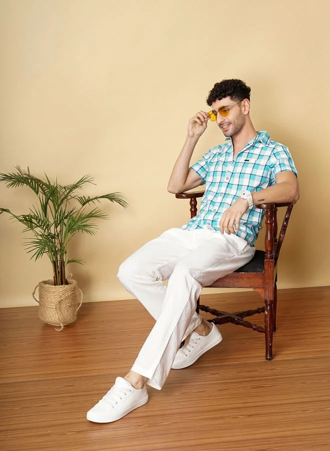 The Indian Garage Co Men Slim Fit Checkered Half Sleeves Cutaway Collar Casual Shirt