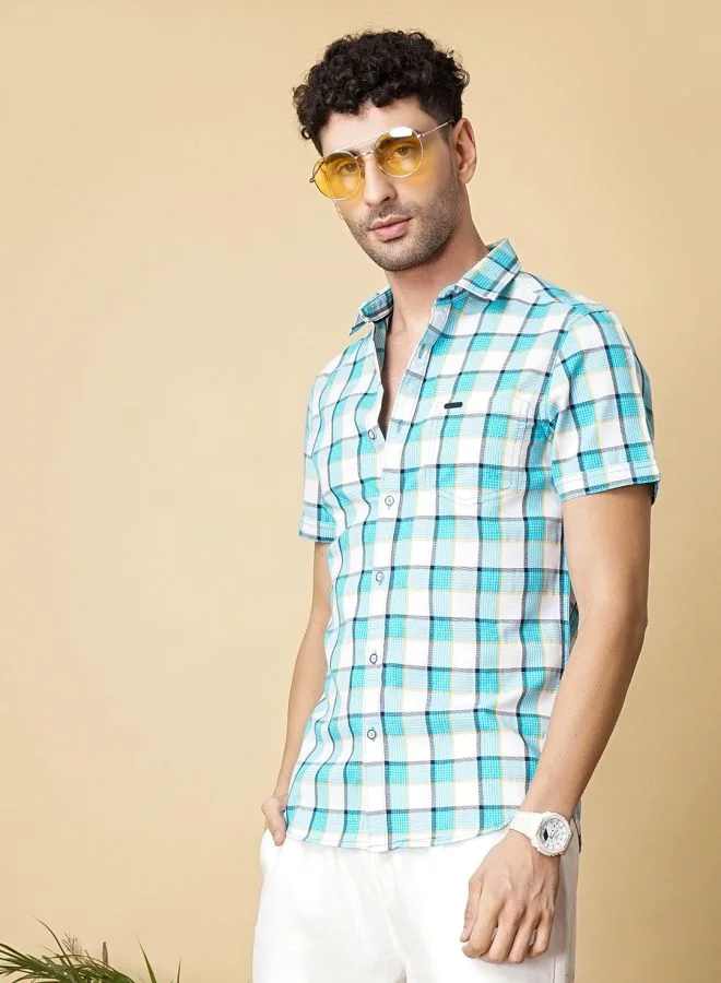The Indian Garage Co Men Slim Fit Checkered Half Sleeves Cutaway Collar Casual Shirt