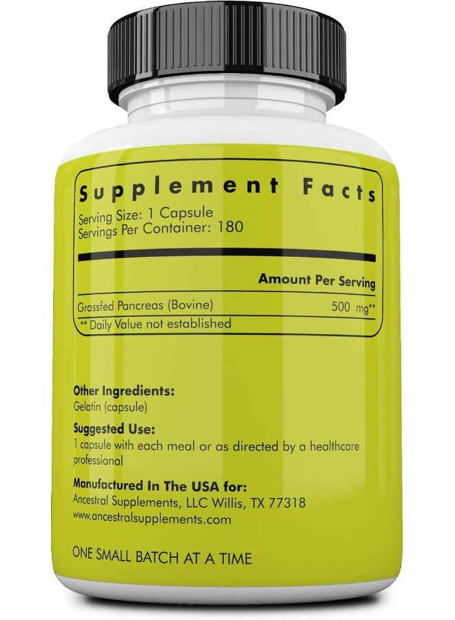 Ancestral Supplements Grass Fed Beef Pancreas Supplement, 500mg, Pancreatic Support with Proteolytic Enzymes for Digestion Support, Including Trypsin, Non-GMO, 180 Capsules - Image 2