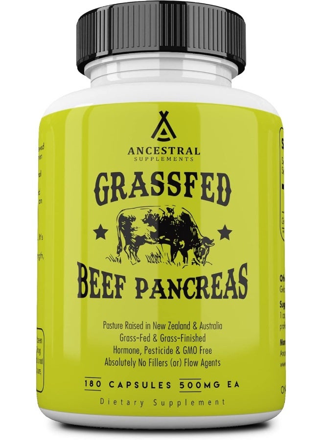 Ancestral Supplements Grass Fed Beef Pancreas Supplement, 500mg, Pancreatic Support with Proteolytic Enzymes for Digestion Support, Including Trypsin, Non-GMO, 180 Capsules - Image 1