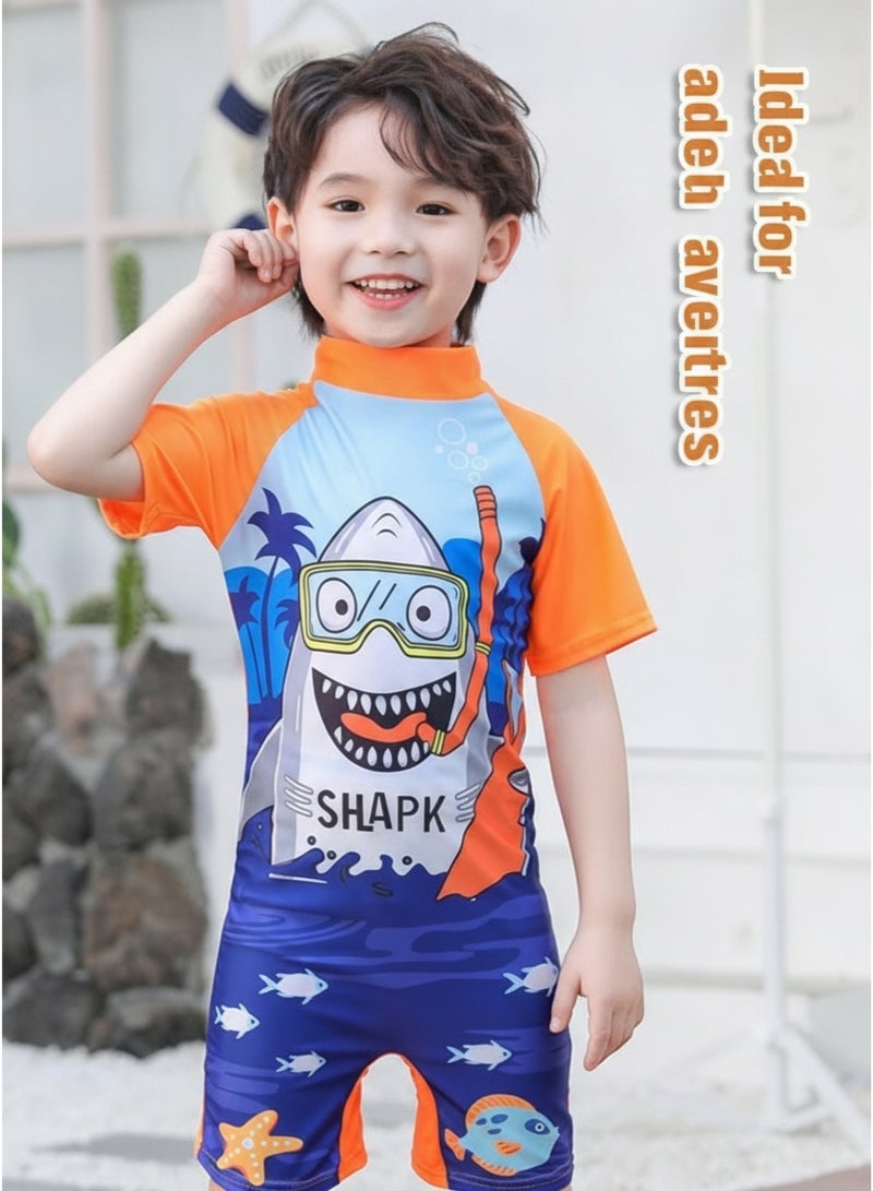 Toddler Boys One-Piece Shark Print Swimsuit Kids Swimwear Children Short Sleeves Swimming Clothing Beachwear Quick Dry Bathing Suit for Summer - Image 1