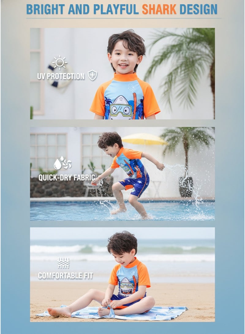 Toddler Boys One-Piece Shark Print Swimsuit Kids Swimwear Children Short Sleeves Swimming Clothing Beachwear Quick Dry Bathing Suit for Summer - Image 3