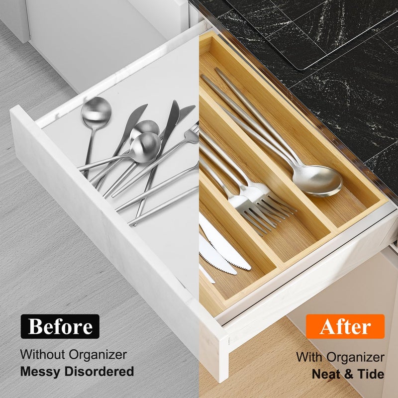 Hilislog Small Silverware Drawer Organizer Kitchen Utensils Trays For Drawer Bamboo Cutlery Tray Skinny Flatware Organizer Narrow Spoon Fork Cutlery Holder Drawer Flatware Trays Slim Silverware Organizers - Image 3