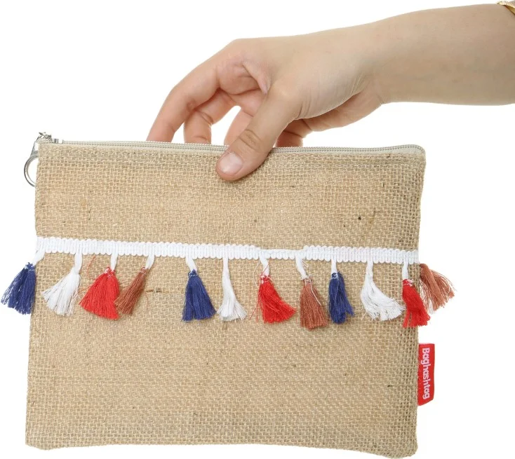 Baghashtag Trabzon Colorful Pom Pom Tasseled Jute Clutch Cloth Bag