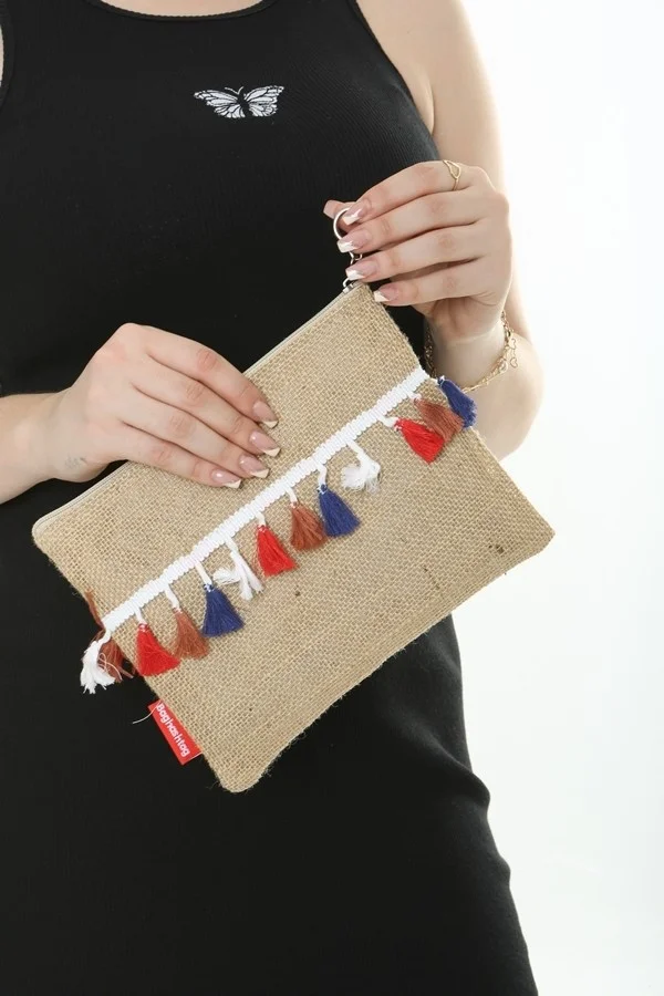 Baghashtag Trabzon Colorful Pom Pom Tasseled Jute Clutch Cloth Bag