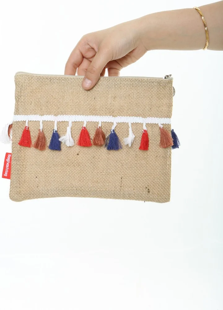 Baghashtag Trabzon Colorful Pom Pom Tasseled Jute Clutch Cloth Bag