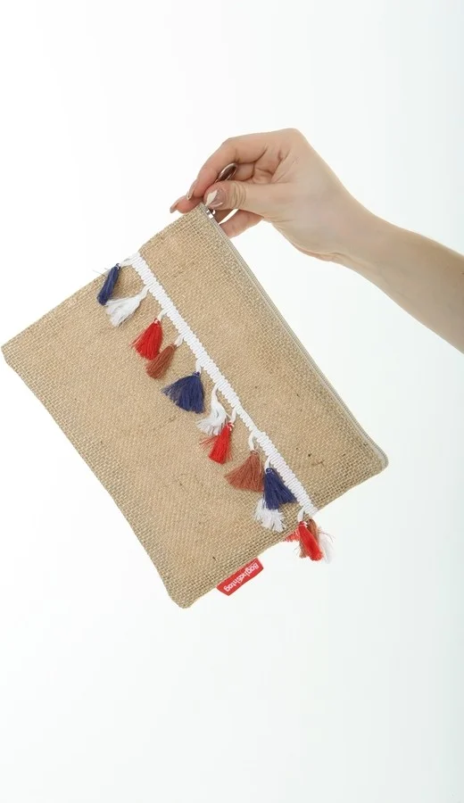 Baghashtag Trabzon Colorful Pom Pom Tasseled Jute Clutch Cloth Bag