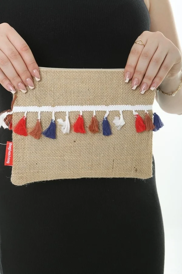 Baghashtag Trabzon Colorful Pom Pom Tasseled Jute Clutch Cloth Bag