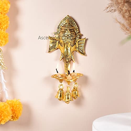 Ascension Ganesh Ji Wall Hanging with Three Diya's and Bells Lord Shree Ganesha Face Sculpture For Home,Office, Pooja Room, Diwali Gift Religious Item Decorative Showpiece Metal Hanging Diyas Oil Lamp - Image 3