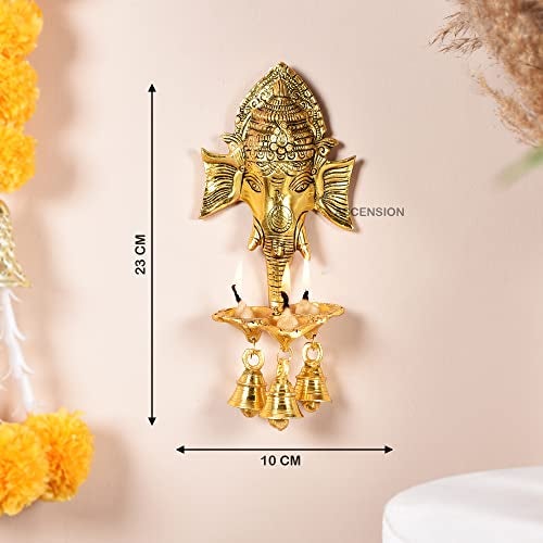 Ascension Ganesh Ji Wall Hanging with Three Diya's and Bells Lord Shree Ganesha Face Sculpture For Home,Office, Pooja Room, Diwali Gift Religious Item Decorative Showpiece Metal Hanging Diyas Oil Lamp - Image 4