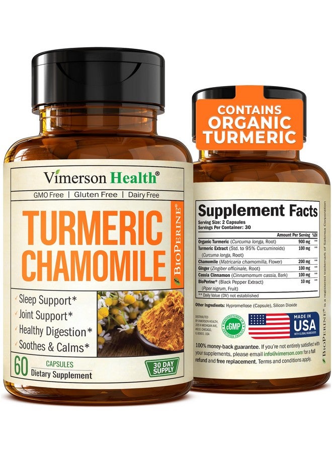 Vimerson Health Turmeric Supplement & Chamomile Capsules for Sleep - Organic Turmeric Sleep Supplement with Chamomile Flowers Extract (Manzanilla) - Relaxation & Stress Support - Joint & Digestive Health. 60 Capsules - Image 1