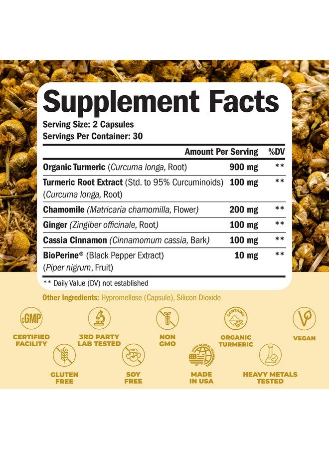 Vimerson Health Turmeric Supplement & Chamomile Capsules for Sleep - Organic Turmeric Sleep Supplement with Chamomile Flowers Extract (Manzanilla) - Relaxation & Stress Support - Joint & Digestive Health. 60 Capsules - Image 3