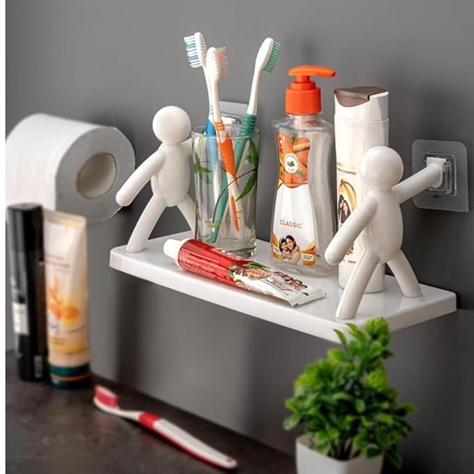 Pathavi Wall Mounted Bathroom Shelf with Cute Human Figurine Holders – Toothbrush, Toothpaste, and Toiletries Organizer – Adhesive Rack for Bathroom or Wash Basin (White) - Image 1