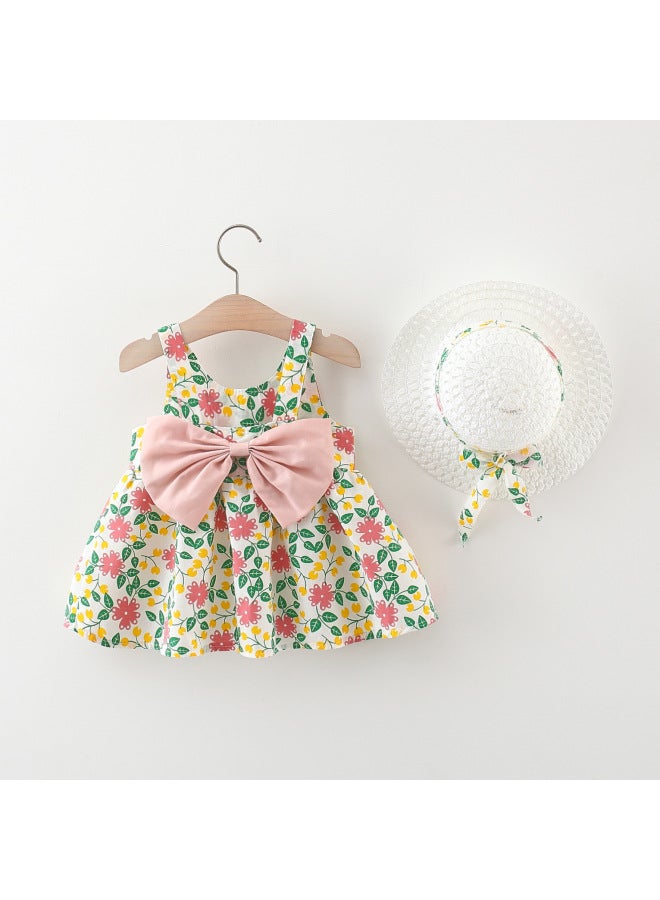Pink Children's Back Big Bow Cotton Dress With Straw Hat