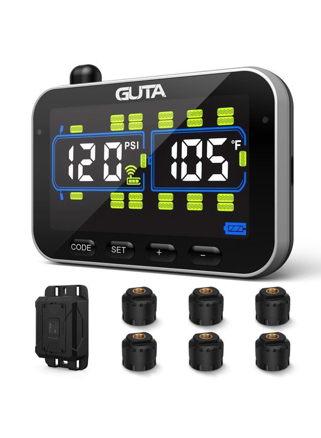 GUTA Trailer Tire Pressure Monitoring System, RV Tire Pressure Monitor with 6 Sensors, 6 Alert Modes, Signal Booster, Large Color Display, Long Sensing Distance, 0-188PSI TPMS for RV Trailer Semi - Image 1